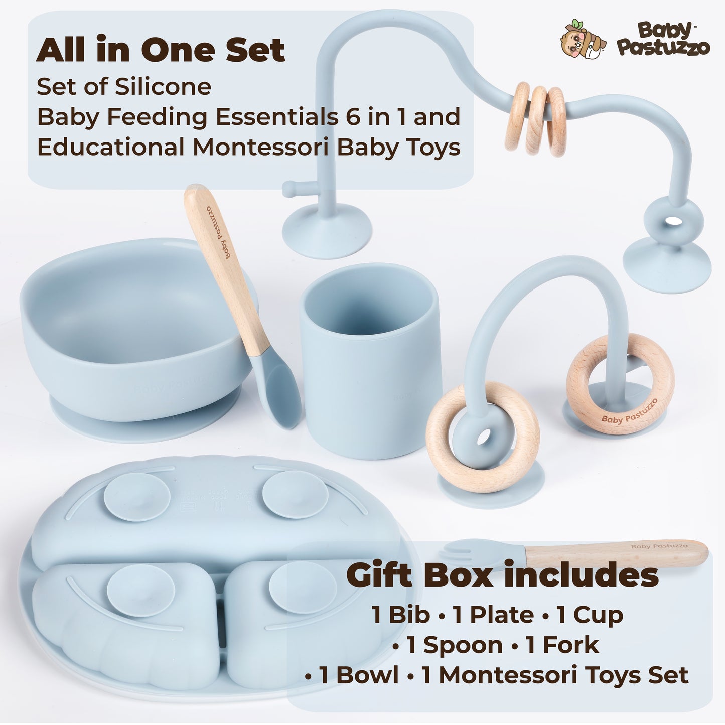 PeacefulMeal Baby Pastuzzo™ - Set of Silicone Feeding Set 6 in 1 and Educational Montessori Toys, for Baby and Infant Toddlers